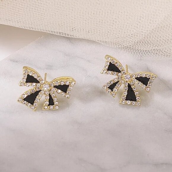 Bow Knot Inlay Alloy Rhinestones Drop Earrings Ear Studs - Picture 1 of 3